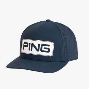 PING Golf Hat Mens Navy Blue Yupoong 110 Flexfit Snapback Perforated Mesh Cap